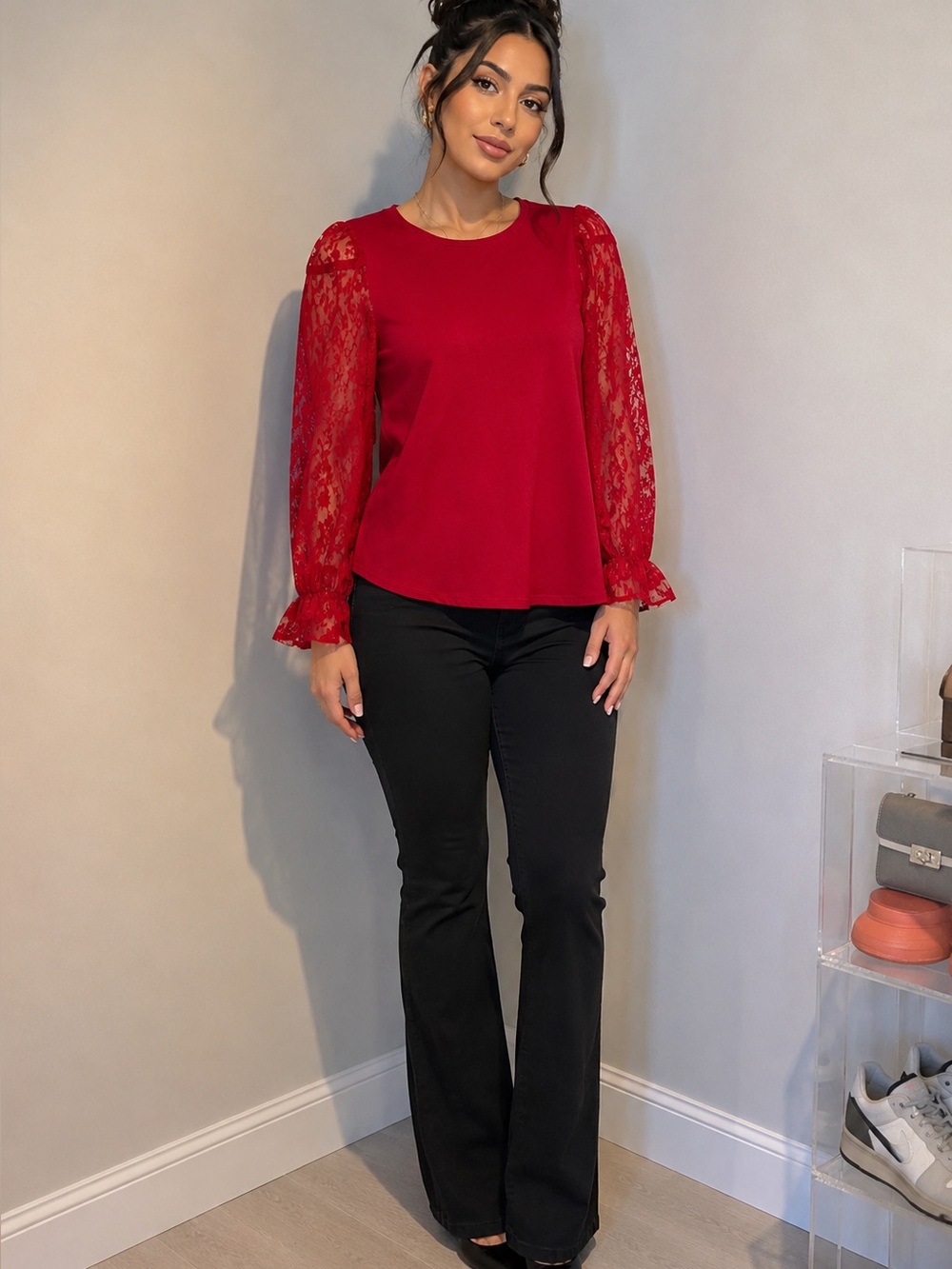NWT Cupio Women's Red Lace Sleeve Top